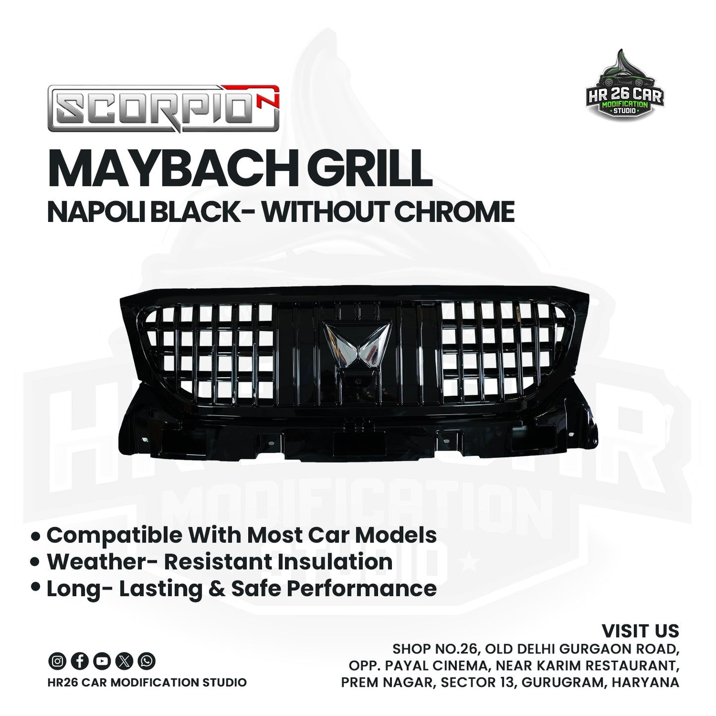 Maybach-Style Front Grill for Mahindra Scorpio N | Napoli Black | Without Chrome